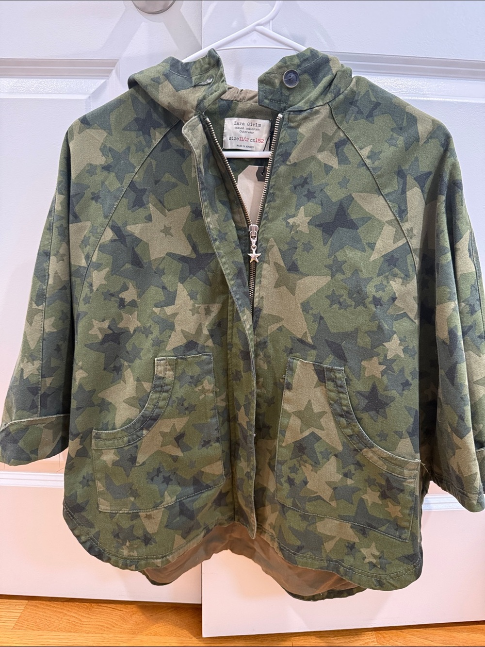 Zara Girls' Star-Print Hooded Jacket - Olive Green
